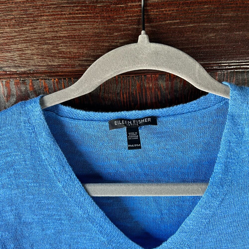 Eileen Fisher Coastal Blue Linen Cotton V-Neck Oversized Loose Knit Sweater - Picture 6 of 7
